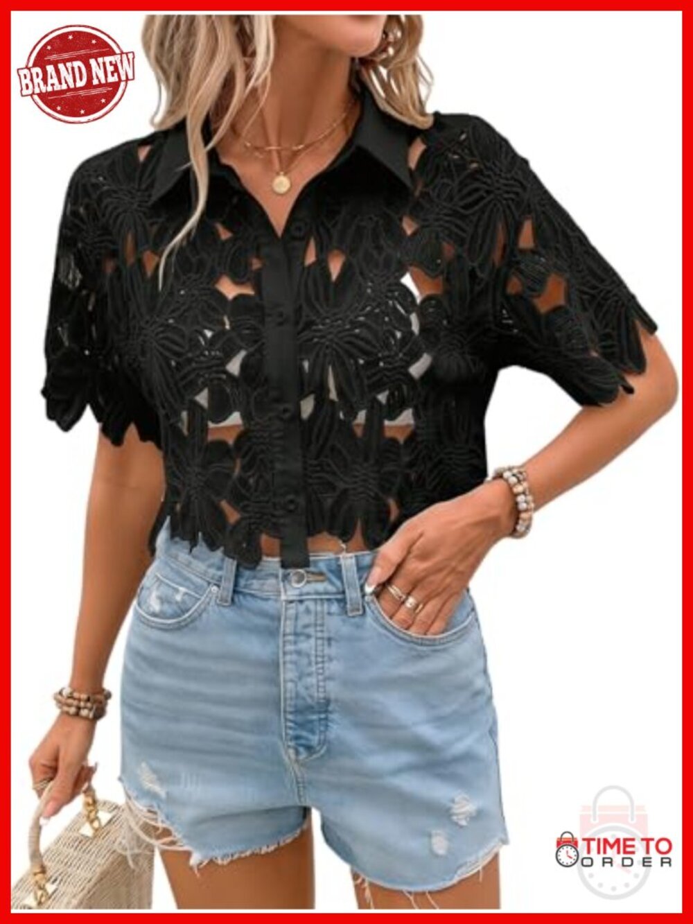 Women's Floral Lace Cropped Blouse Short Sleeve Button Down Hollow Out
